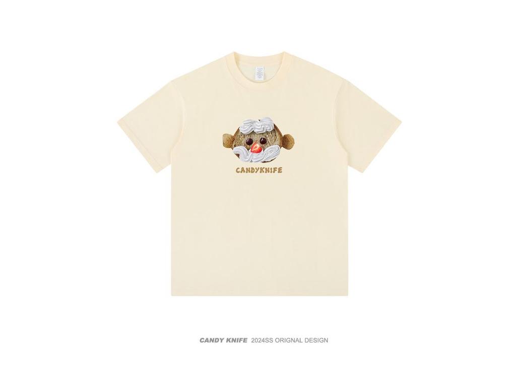 American Niche Design Fun Bread Print Pure Cotton Casual Loose Short-Sleeved T-Shirt for Men and Women, Summer 2024 Collection