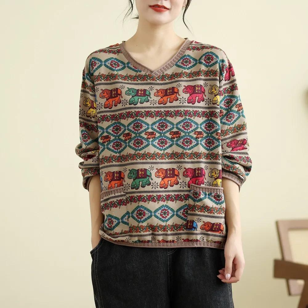 Retro National Style Cotton and Linen Long-sleeved V-neck Bottoming Shirt Women's Spring and Autumn Loose and Thin Linen Pullover T-shirt Top