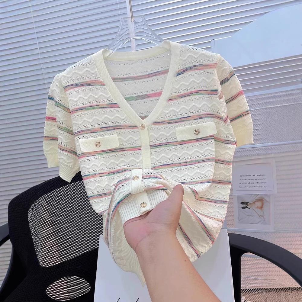 Women's Knitted T-shirt Hollow Stripe Ice Silk Needle V-neck Women's Short Sleeve Thin T-shirt