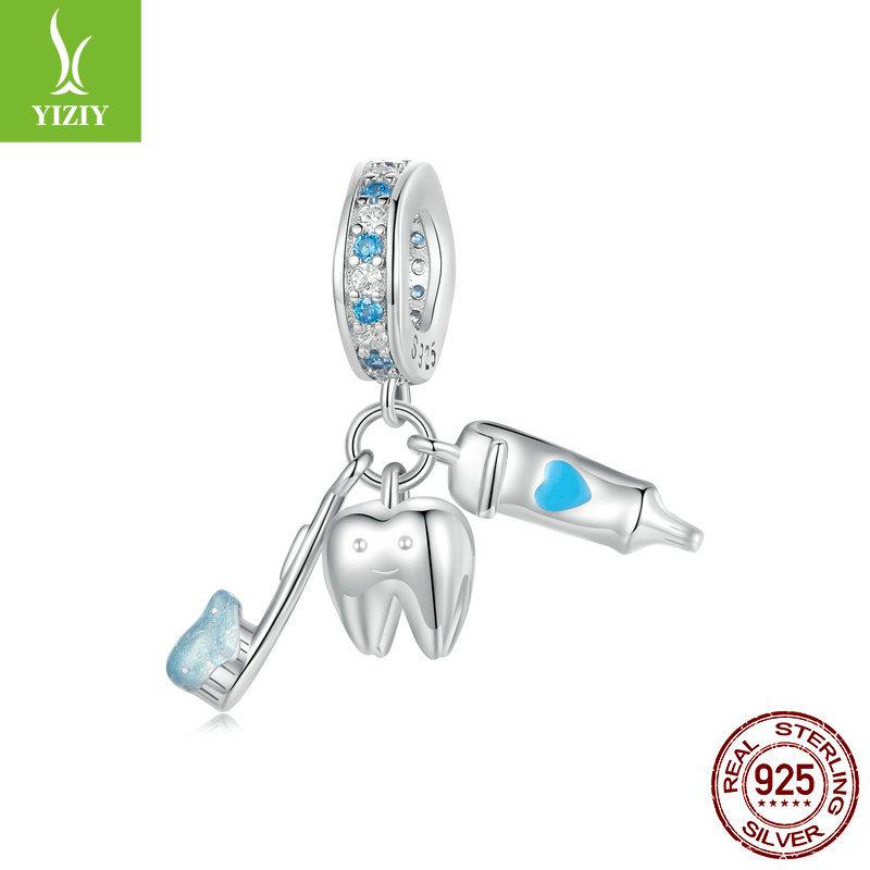 Mini Tooth Brushing Three-Piece Diy Pendant Accessories, Fun Design S925 Silver Beaded Accessories