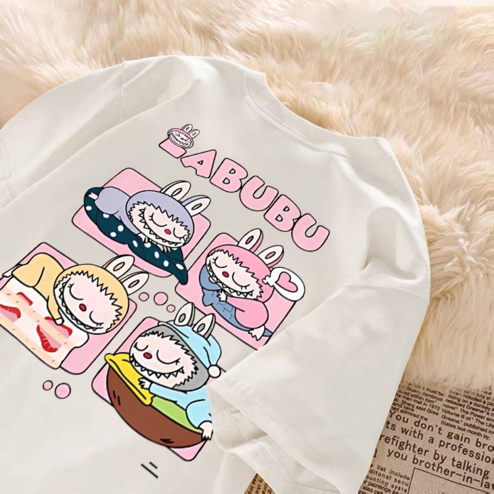 Children's LABUBU Printed T-shirt Korean Style Fashionable and Popular Girl Round Neck Short Sleeved Casual and Comfortable Top