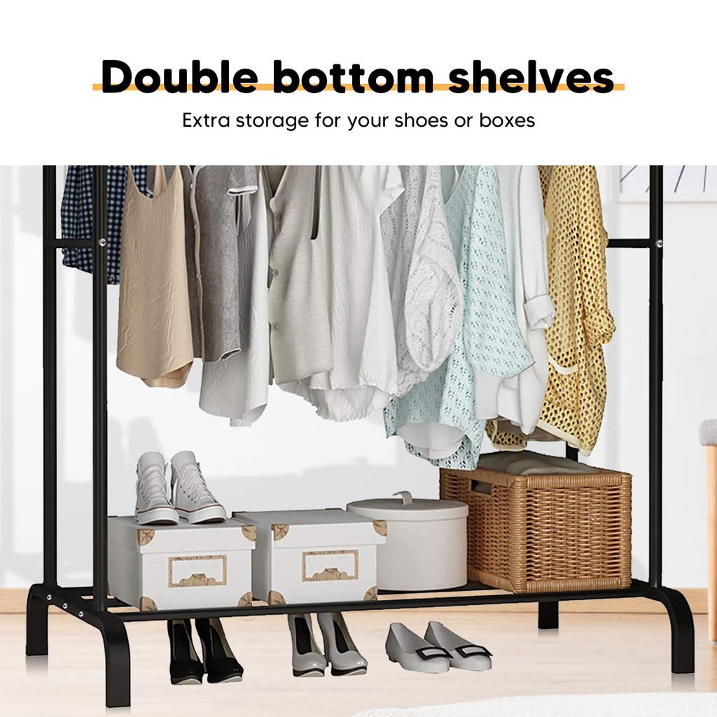 Garment Rack Freestanding Hanger Double Pole Multi-functional Bedroom Clothing Rack, Metal Clothing Garment Rack with Shelves, B