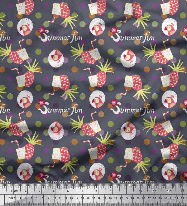 Soimoi Japan Crepe Satin Fabric Dot,Parrot & PineJuice Summer Designs Fabric Prints By Metre 42 Inch