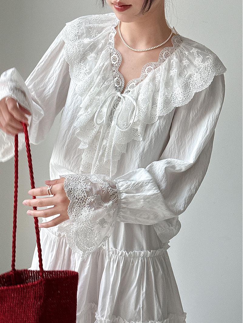 Luxi Women s French V-neck Lace Trim Tie-up Bell Sleeve Blouse 89020 - Early Spring Style M