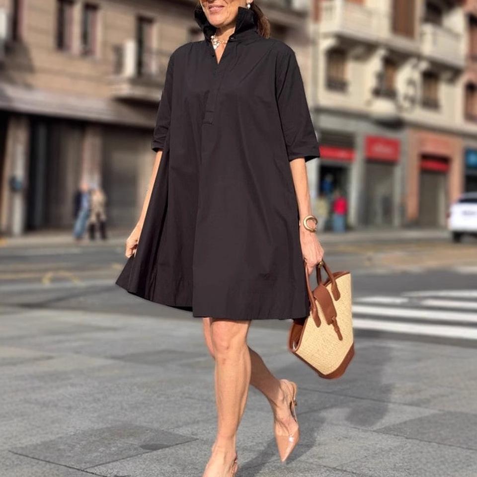 Damen Langarm Hemdkleid mit Knopfleiste, A-Linie, in Weiß, Beige, Schwarz, Marineblau