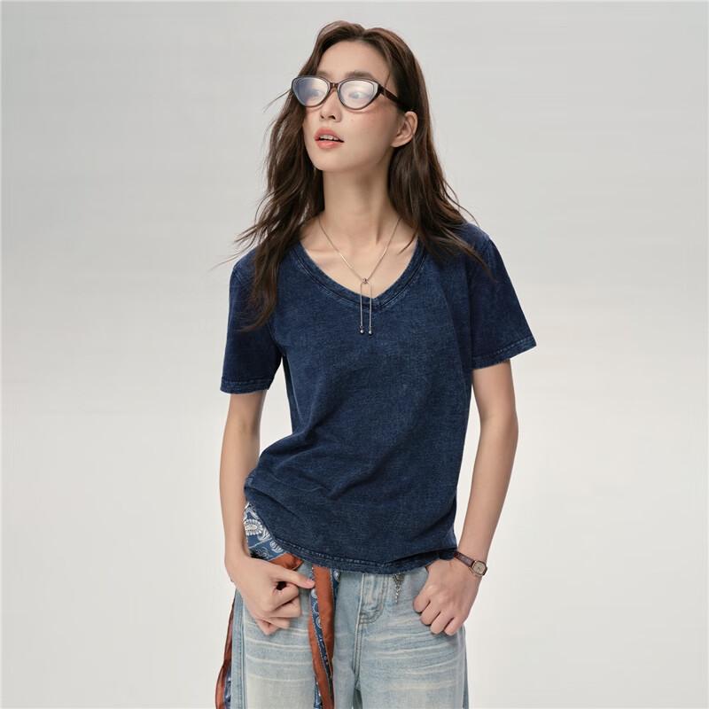Giordano Women's Designer Imitation Denim V-Neck Cotton T-Shirt