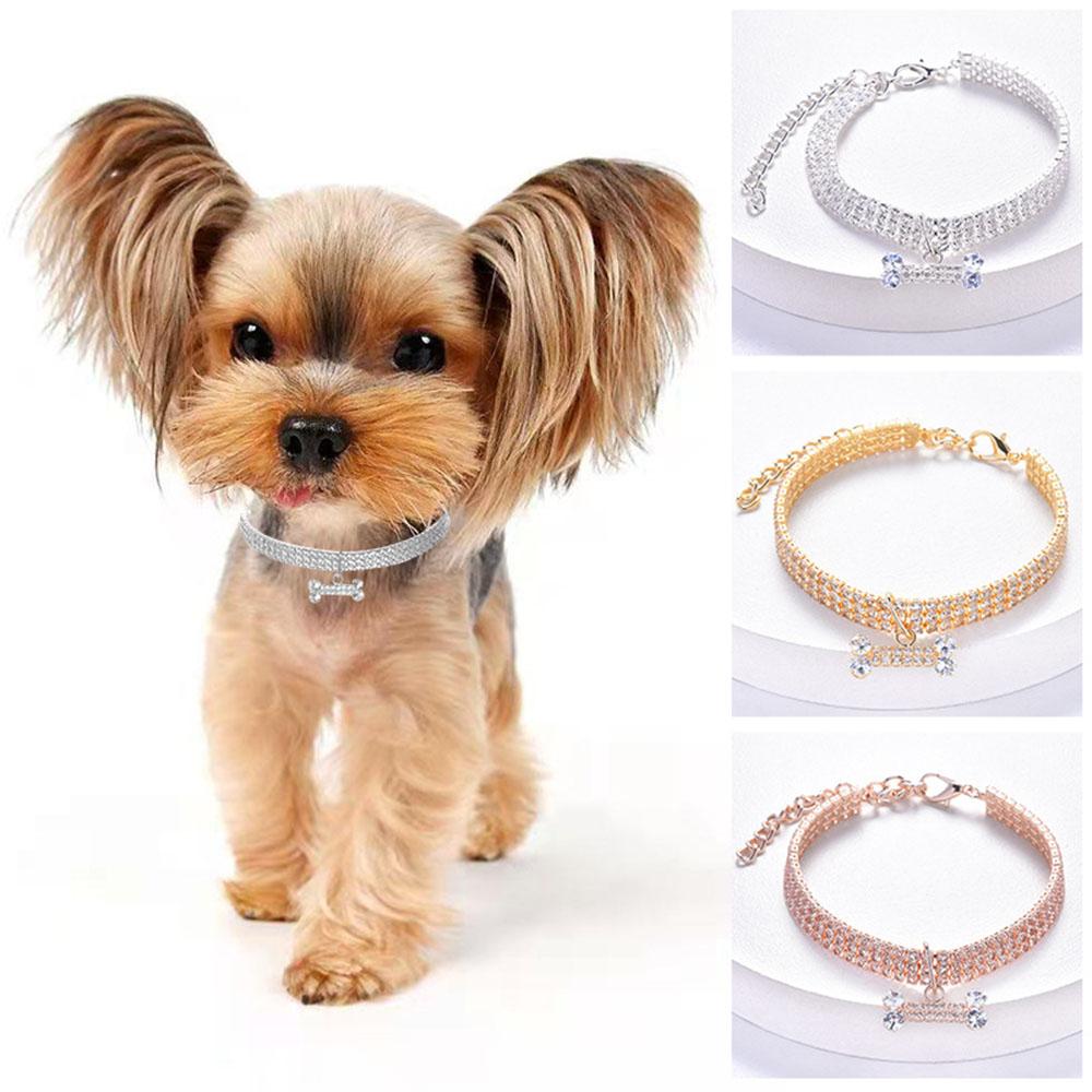 Pet Collar with Diamonds Adjustable Crystal Diamond Elastic Bone Pendant Wedding Cat Small Dog Puppy Necklace Jewelry for Yorkie
