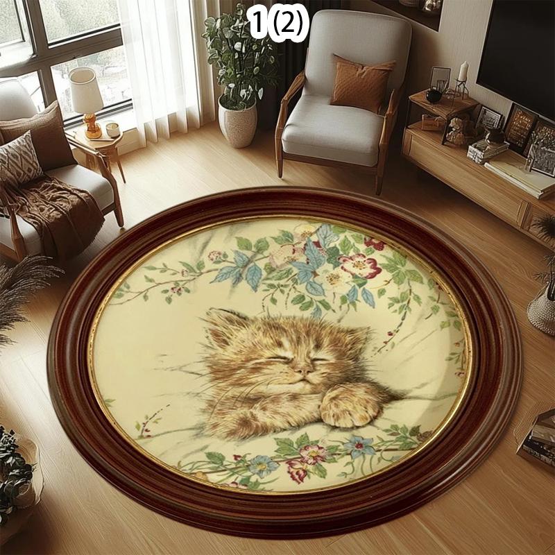 

Round Cute Black Cat Pattern Carpet with Colorful Gradient Edge for Living Room Bedroom Modern Soft Area Rug Home Decoration 60cm