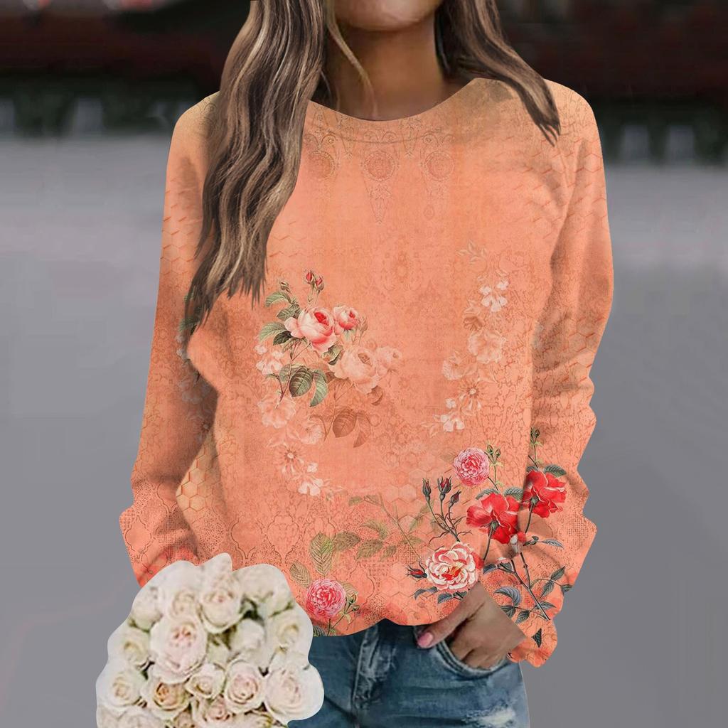 Damen Casual Fashion Blumendruck Langarm O-Ausschnitt Pullover Top Bluse