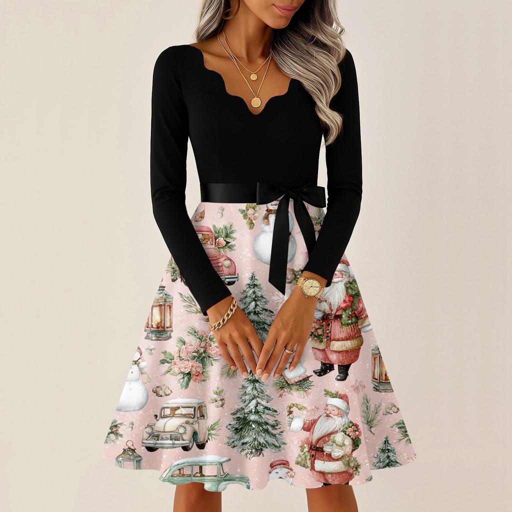 Women's Casual Fashion V-neck Long Sleeved Retro Christmas Print Retro Dress