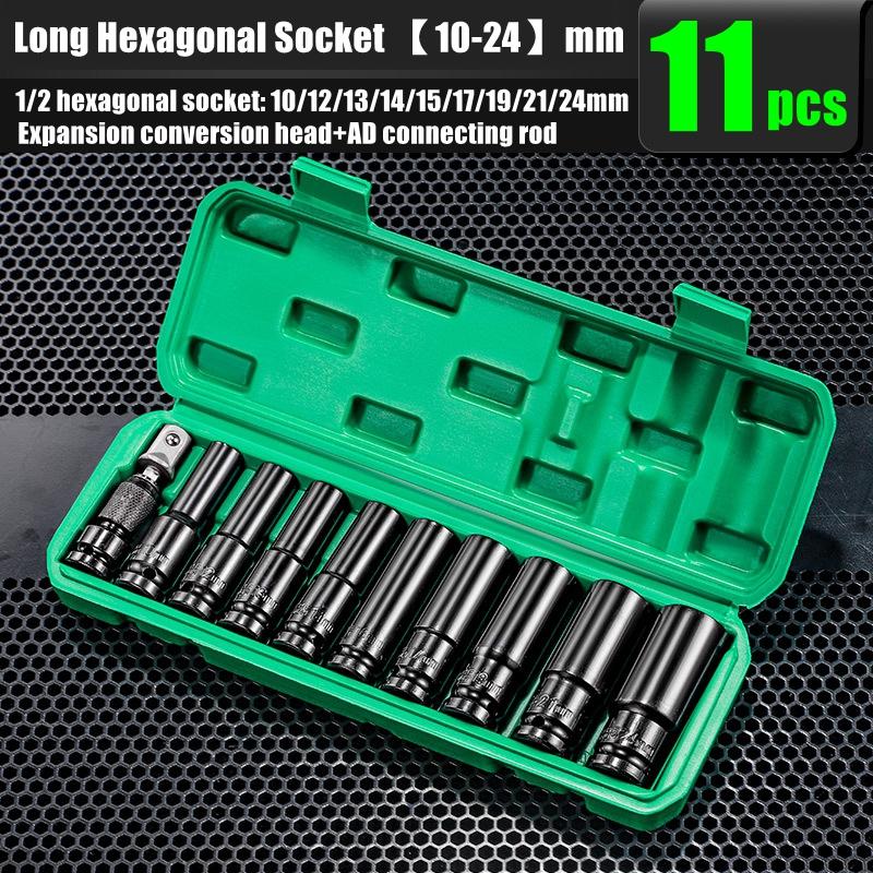 1/2 Sleeve Combination Drive Extended Socket Hexagonal Impact Sleeve Set with Portable Storage Case 8-32mm Torque for Car Repair