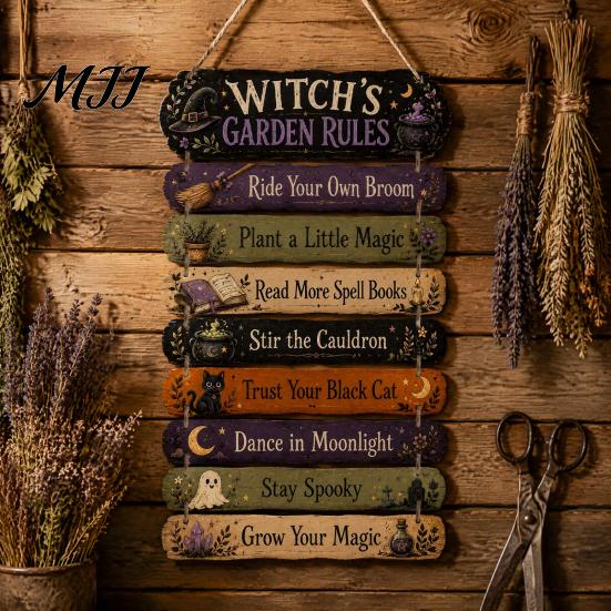 Hanging Wood Craft Witch's Fall Rules Sign, Vintage Halloween Wall Rustic Front Door Decor Farmhouse Art for Outdoor Porch Yard, Home Wooden Plaque