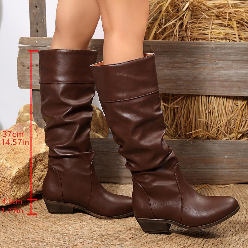 

Fashion Black Pu Leather Knee-High Boots Women Slip On Med Heel Western Cowboy Boots Woman Autumn Winter Pleated Long Botas Plus Size 43 43 темно-коричневого кольору