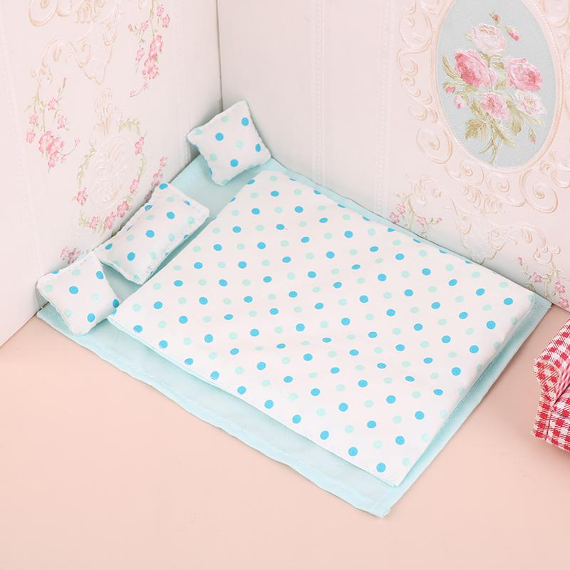 

1Set 1:12 Dollhouse Mini Bed Four Piece Bed Collection Bed Sheet Quilt Pillow Quilt Cover Bedroom Bedding Model Designed For Pretend Enjoy Toy синий