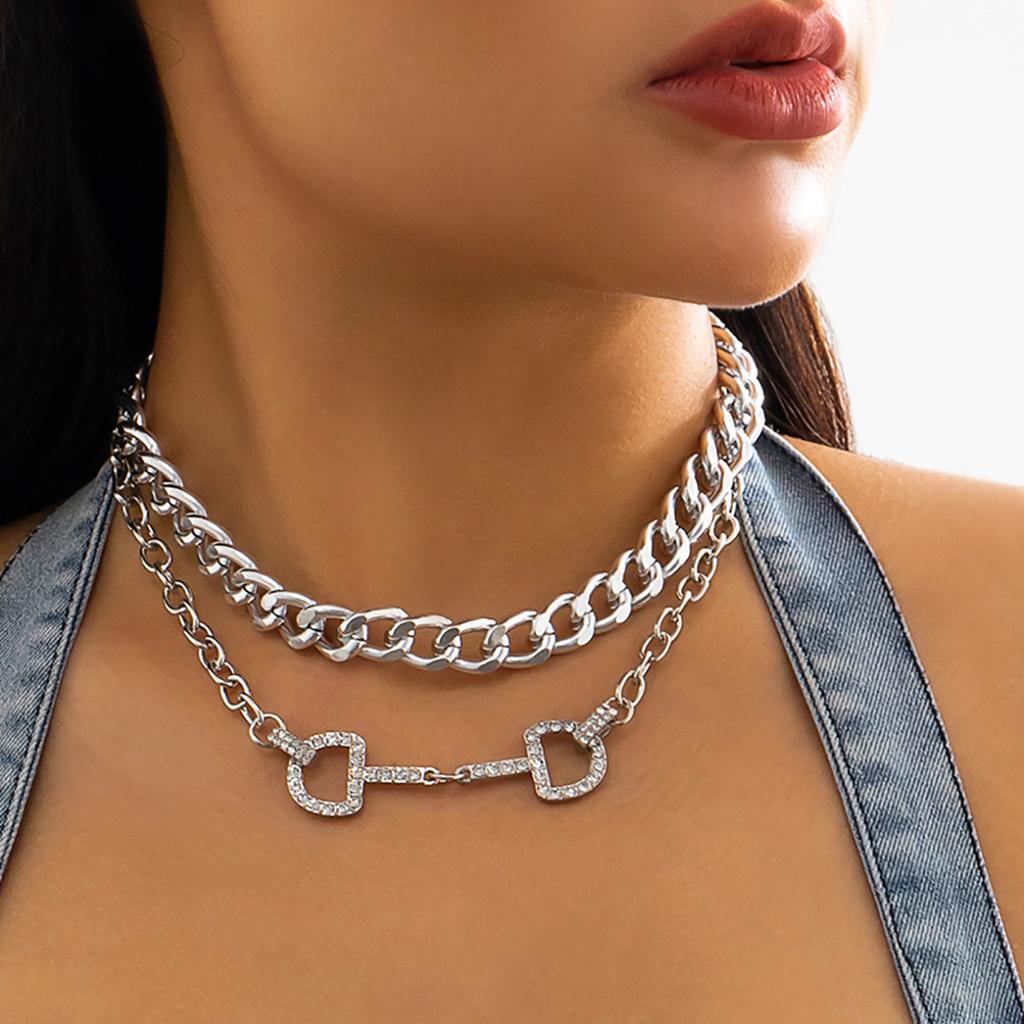 Accessories, creative full diamond D-shaped symmetrical double-layer necklace, hip-hop thick chain metal mix and match necklace