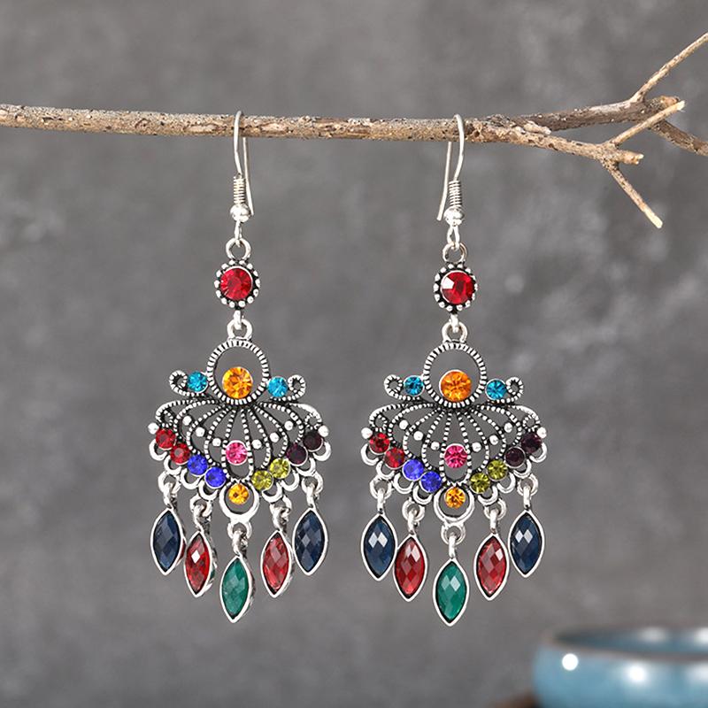 Vintage Ethno Strass Quaste Wassertropfen Ohrringe für Damen Boho Hohl Geometrisch Hängende Ohrringe Pendientes Mujer Brincos