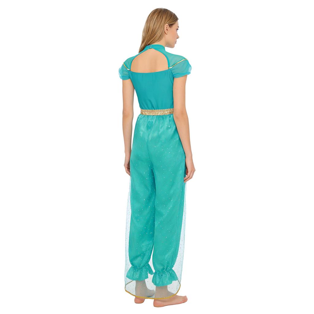 S-4XL Arabische Prinses Jumpsuit voor Dames Halloween Kostuum, Romper met Edelstenen & Pailletten Overlay voor Buikdans & Themafeest