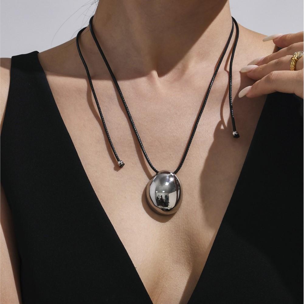 Glossy Droplet Pendant Long Necklace In 18k Gold Plated Stainless Steel Black Leather Rope Sweater Chain Necklaces For Women