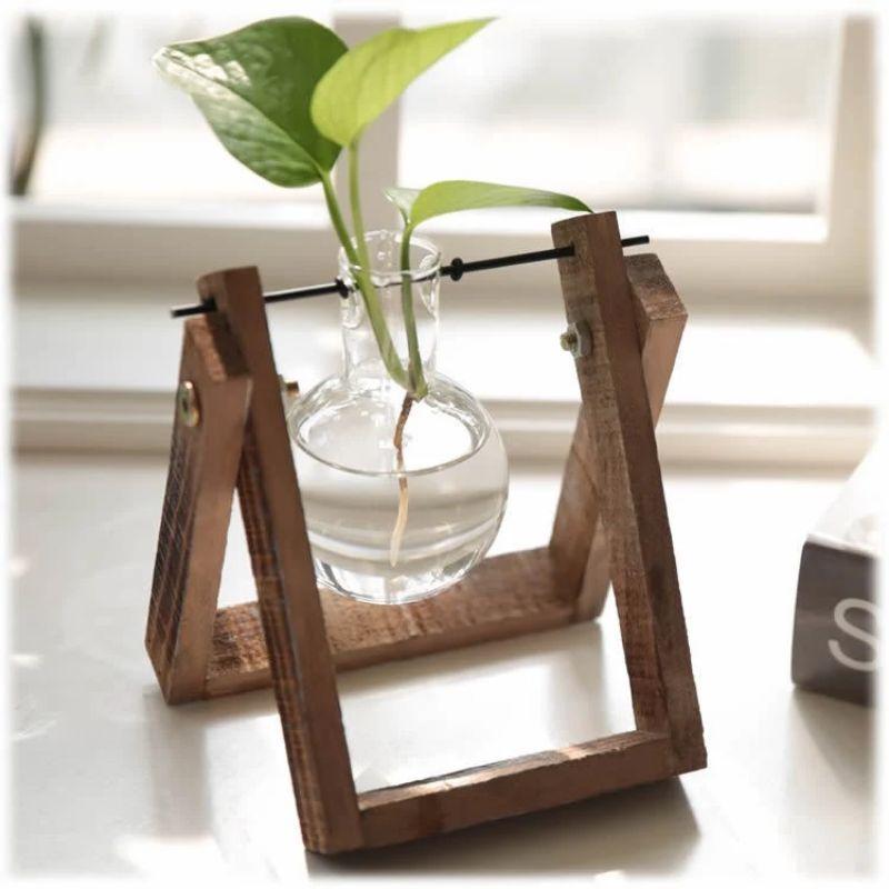 Desktop Glass Vase Wooden Frame Transparent Glass Ball Hydroponic Plant Container Flower Pot Home Bonsai Decor