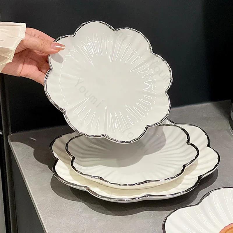 High End Solid Color Ceramic Plates Light Luxury Silver Edge Exquisite Dining Plate Household Delicious Dishes Plate Tableware