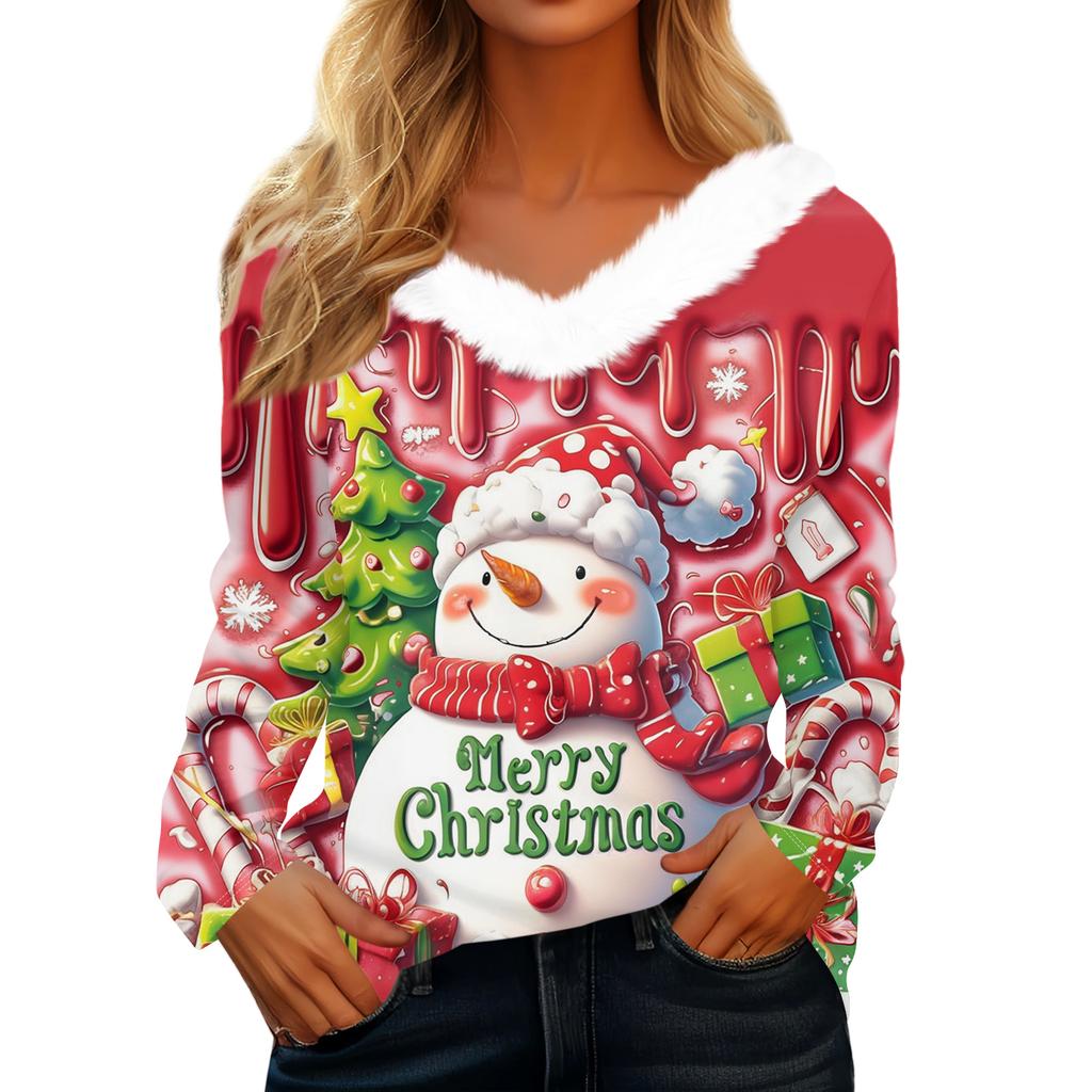 Women's Christmas Printed Long Sleeved Party Plush Neck V-neck Top