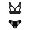 Womens Patent Leather Lingerie Set Wide Strap Open Cup Bra Matching Crotchless Briefs Bold Clubwear