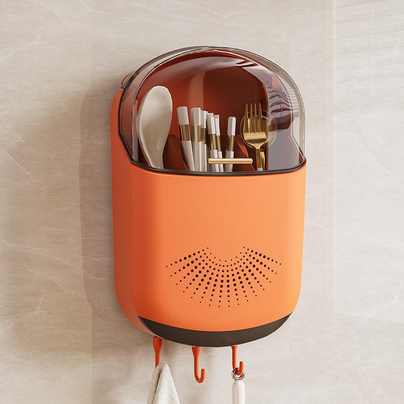 Kitchen Cutlery Storage Box Wall Mount Tableware Storage Holder With Lid Dustproof Spoon And Chopstick Organizer Drain Racks