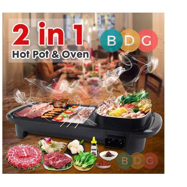 Korean Style 2 in 1 Electric Multi Cooker Barbecue Pan Hot Pot Cooker Electric Smokeless Barbecue BBQ Grill Non-Stick Coating Hotpot Roasting Baking