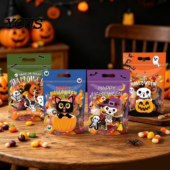 Cartoon Print Treat Bags 4PCS Halloween Candy with Handle, Translucent Stand-up Dessert Pouches, Designs Storage Pouches for Party Snacks Self Sealing