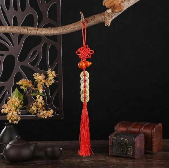 Brass Five Emperors Coins Knot Pendant with Cinnabar Fillable Copper Gourd