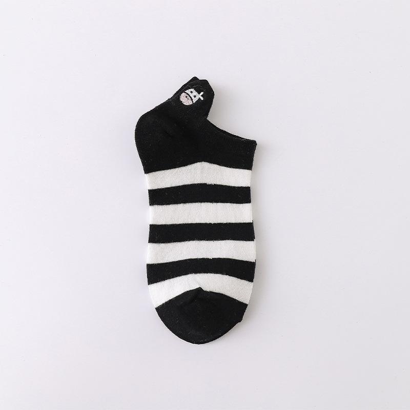 Ladies Spring and Summer Embroidered Striped Cartoon Black and White Cow Sweet Cute Short Tube Socks