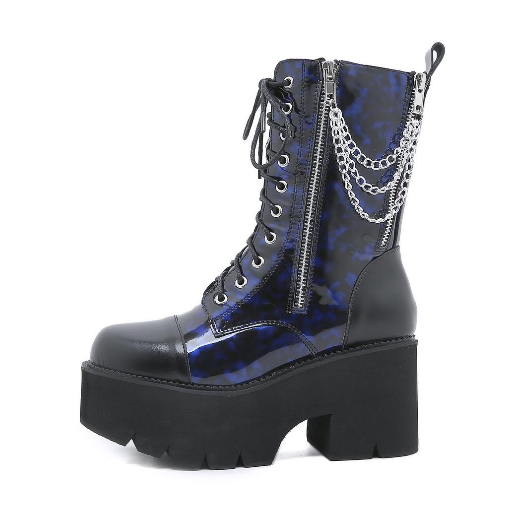 Fashion Autumn Winter Waterproof Women Leather Boots Punk Style Chain Design Female High Top Motorycle Boots Thick Soled Women Shoes