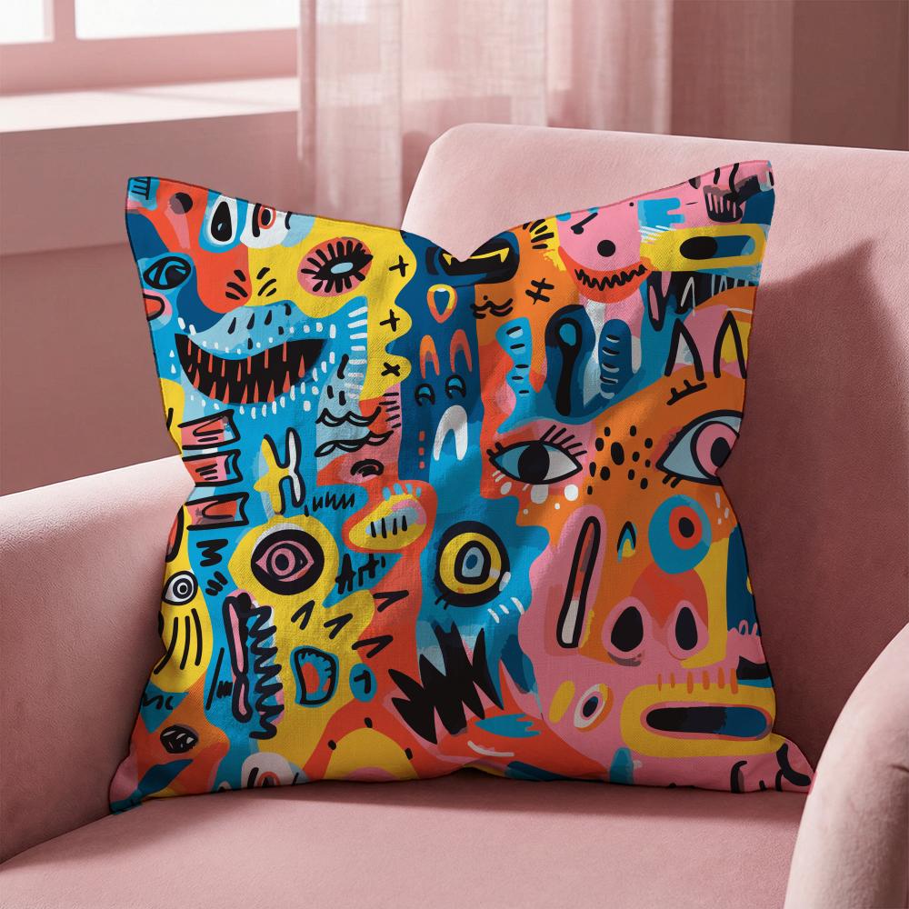 Colorful Abstract Faces Cushion Cover Multi-Scene Pillow Cover for Home & Car - Reversible, Soft & Durable for Daily Use