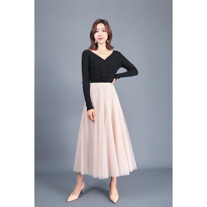 Elegant A-Line Pleated High Waist Mesh Skirt - Autumn Collection for Women