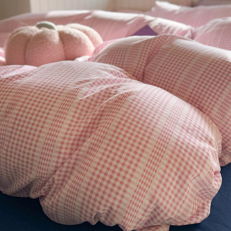 Korean Pink Grid Bedding Sets For Girls  New Flat Sheet Duvet Cover Set Pillowcase Bed Linen Queen Full Size Quilt Cover