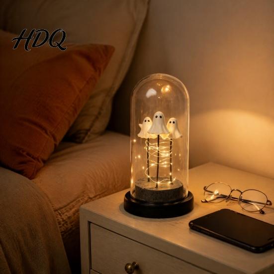 Indoor Halloween Display Ornament Decorations 3 Mini Light Up Ghost in Cloche Night with LED Lamp for Party Warm Lights Cute Spooky Decor