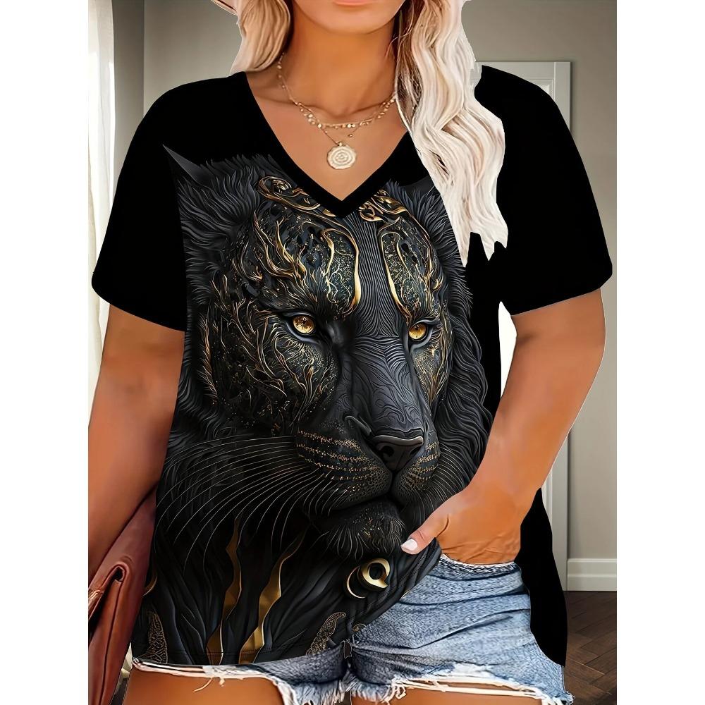 Summer Ladies Tiger Print Retro Fashion T-shirt Casual V-neck Women's Clothing