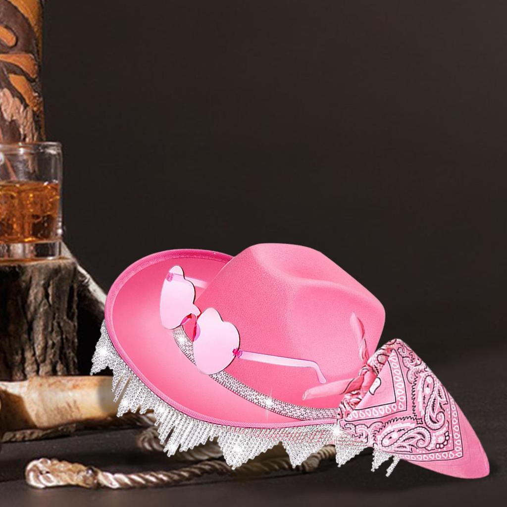 Western Tassels Cowboy Hat with Bandana Sunglasses Stylish Women Men Sunshade Hat for Fancy Dress Props Roles Play Beach Travel