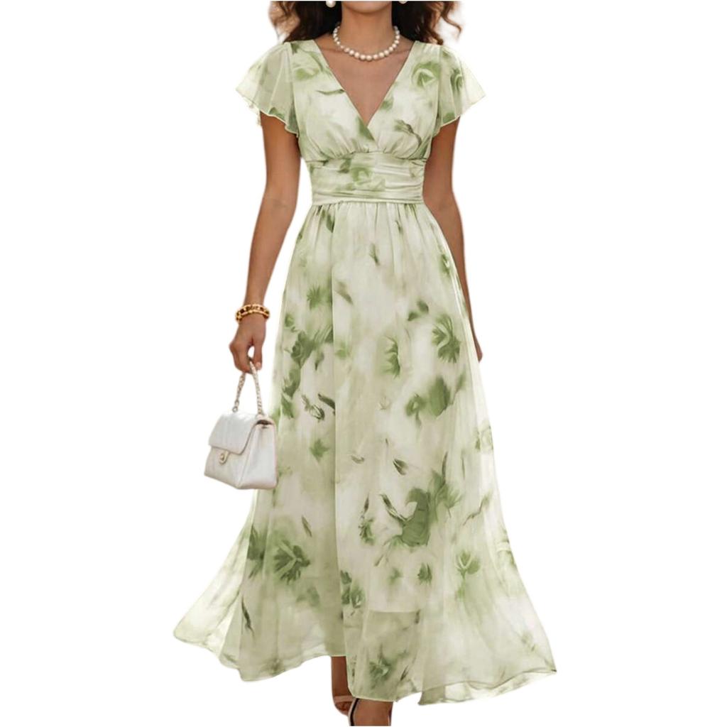 Women's V Neck Ruffle Sleeve Floral Print Waist Cinch Maxi Dress Lightweight Chiffon Elegant Vacation Dress