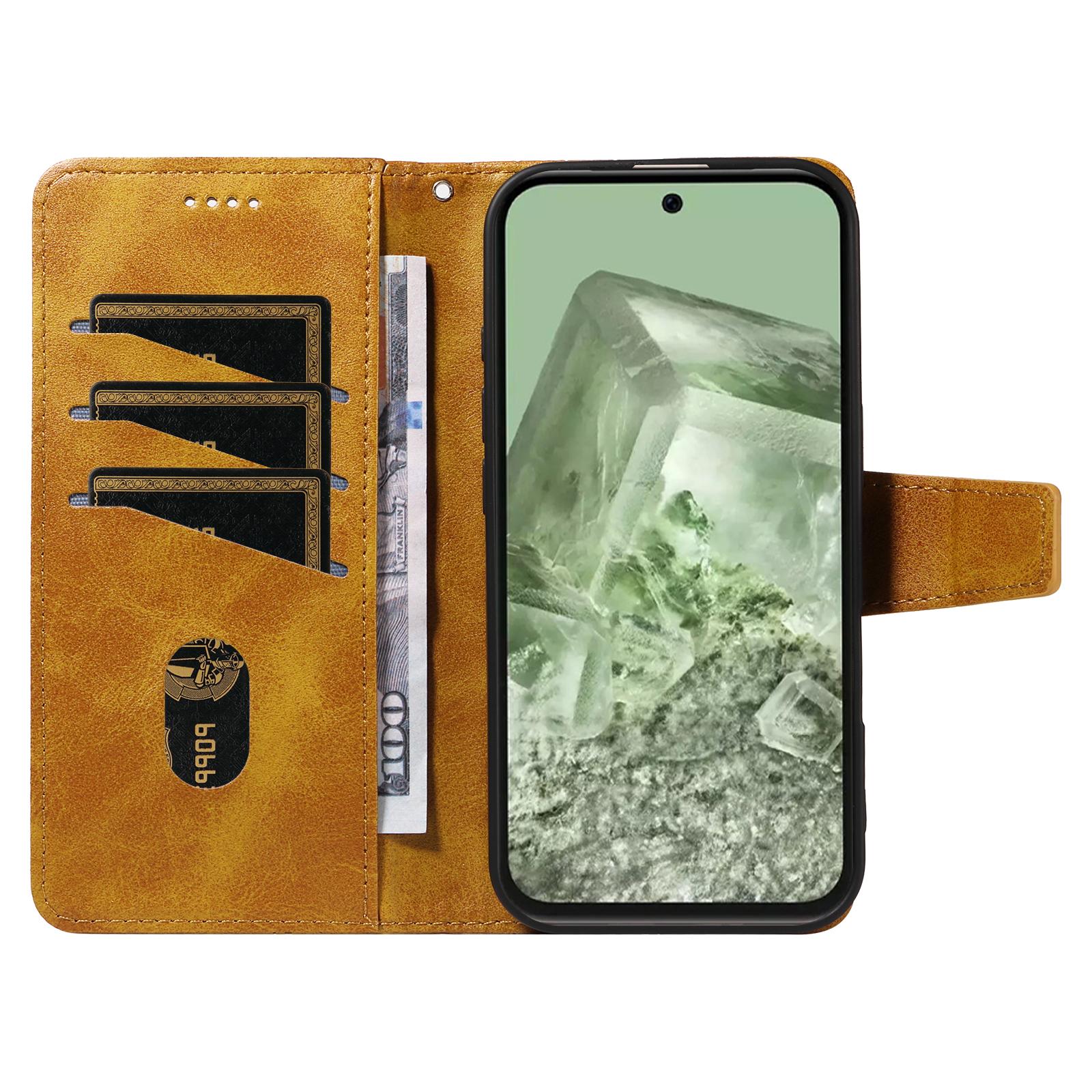 

For Google Pixel 8a Leather Case Wallet Stand Grids Imprinted Phone Cover with Strap Green