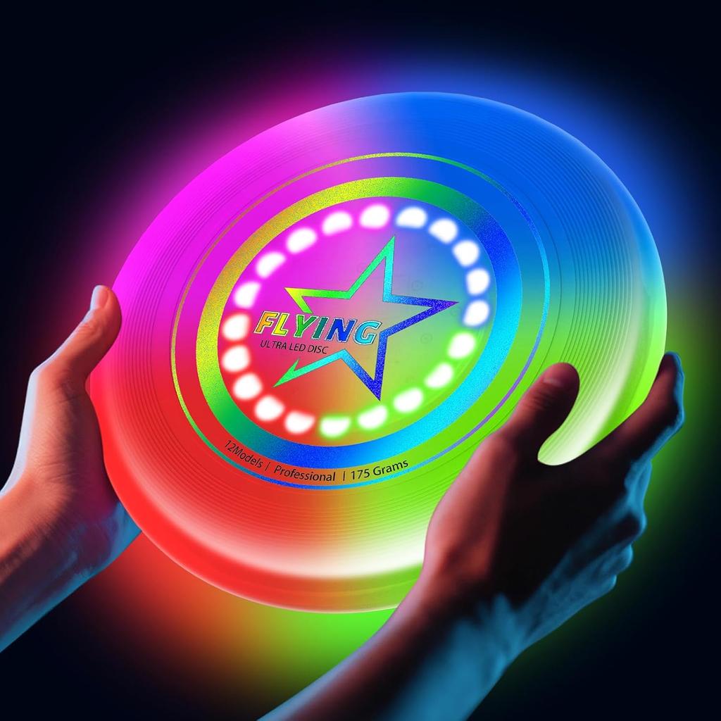 Ultra Bright Flying Disc, Luminous Flying Disc - 12 Intelligent Light Programmes, Rechargeable & Shockproof (Ideal for Night Games, Garden Parties,)