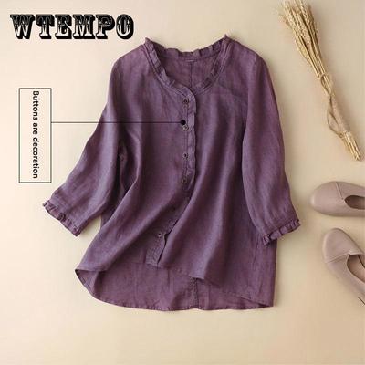 100% Cotton Literary Retro Shirt Top Women Loose All-match Five-point Sleeves Thin Breathable