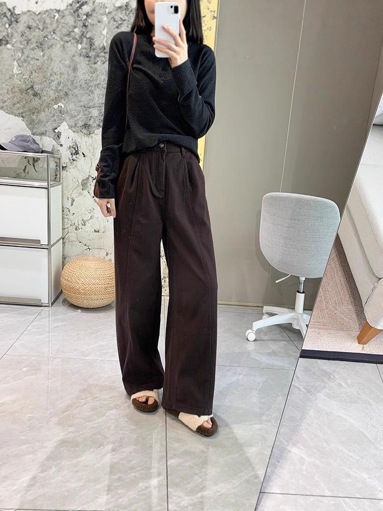Soft Satin Denim: Women's Warm Wide-Leg Fleece Pants for Autumn/Winter - Stretchy, Thickened, Slimming, Straight Leg.
