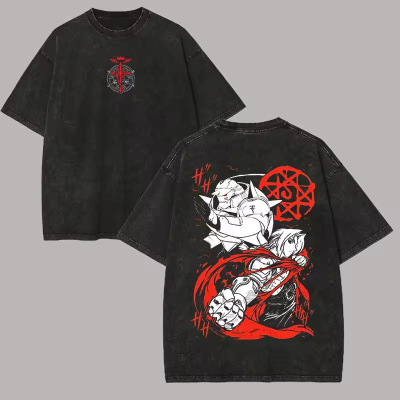 2026 Fullmetal Alchemist Elric Brüder Doppelseitiges Washed T-Shirt Transmutationskreis Druck Übergroßes Baumwoll-Tee Für Otaku-Fans