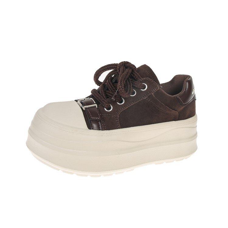 

Leather version~ 2025 autumn comfortable muffin thick-soled round head lace-up sports and leisure women s single shoes four seasons single shoes 40 коричневый