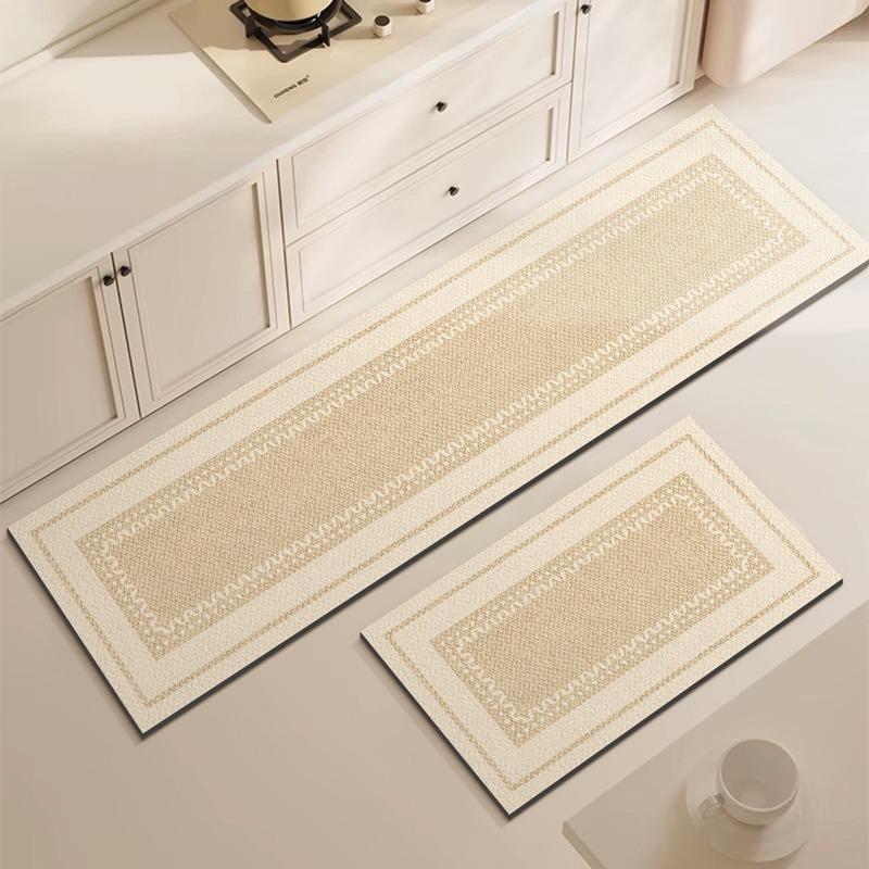 Kitchen Floor Mat Anti-slip Oil-proof Erasable Carpet Leather PVC Waterproof Rug Beige Line Texture Home Decoration Mats 