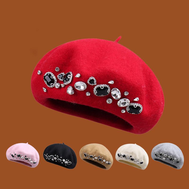 Autumn And Winter Artistic Solid Color Diamond Inlaid Fashionable Wool Beret Women's Outdoor Fashionable Versatile Painter Hats