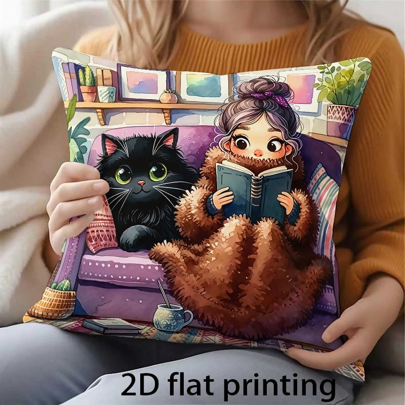 2D Flat Print 1pc Cozy Home Girl Reading with Black Cat Pattern Double-Sided Printed Pillowcase, Healing Style Home Decor Cushion Cover with Zipper Cl