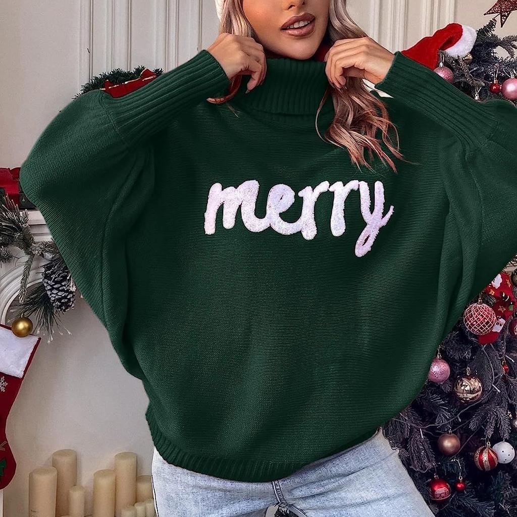 GMXIA Christmas Turtleneck Women's Autumn Winter Loose Bat-sleeve Wear Knit Top Women
