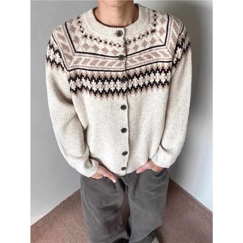 Unisex Retro Fair Isle Knit Cardigan Sweater – Loose Fit Casual Outerwear